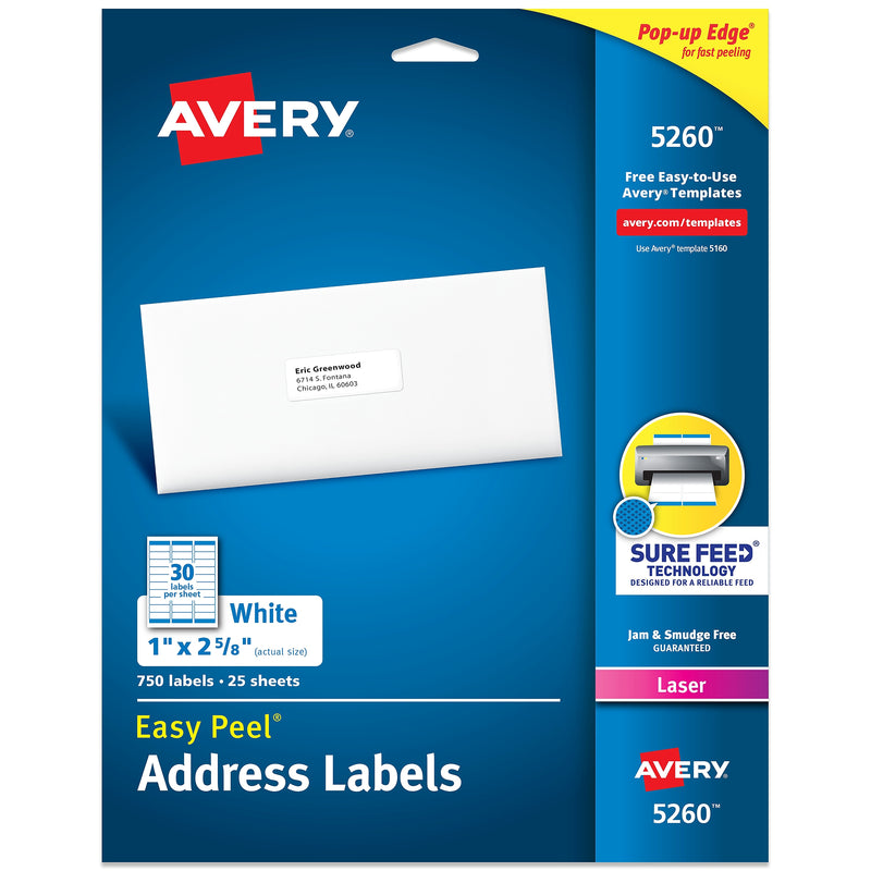 Avery Easy Peel Laser Address Labels, 1" x 2 5/8", Matte White, 750 Labels/Pack (5260)