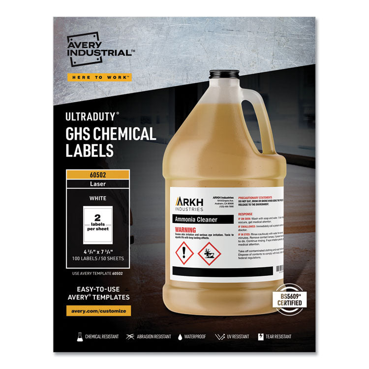Ultraduty Ghs Chemical Waterproof And Uv Resistant Labels, 4.75 X 7.75, White, 2/sheet, 50 Sheets/box