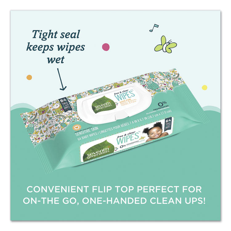 Free and Clear Baby Wipes, 7 x 7, Unscented, White, 64/Flip Top Pack, 12 Packs/Carton
