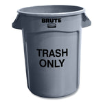 Vented Round Brute Container, "Trash Only" Imprint, 32 gal, Plastic, Gray