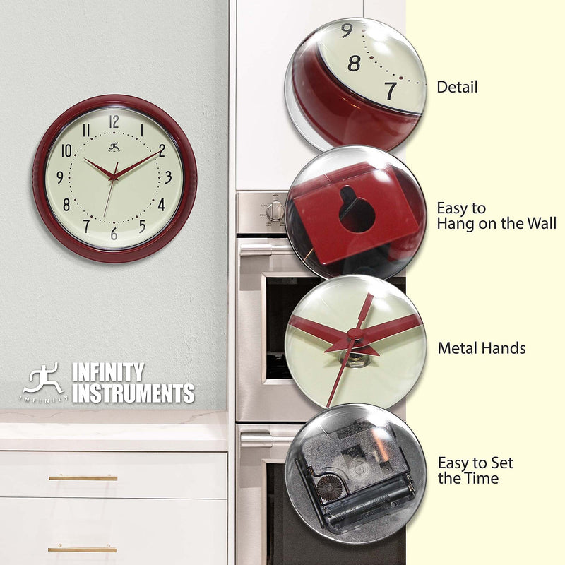 Infinity Instruments Round Retro Red Wall Clock, Aluminum, 15" (10940RD-15)