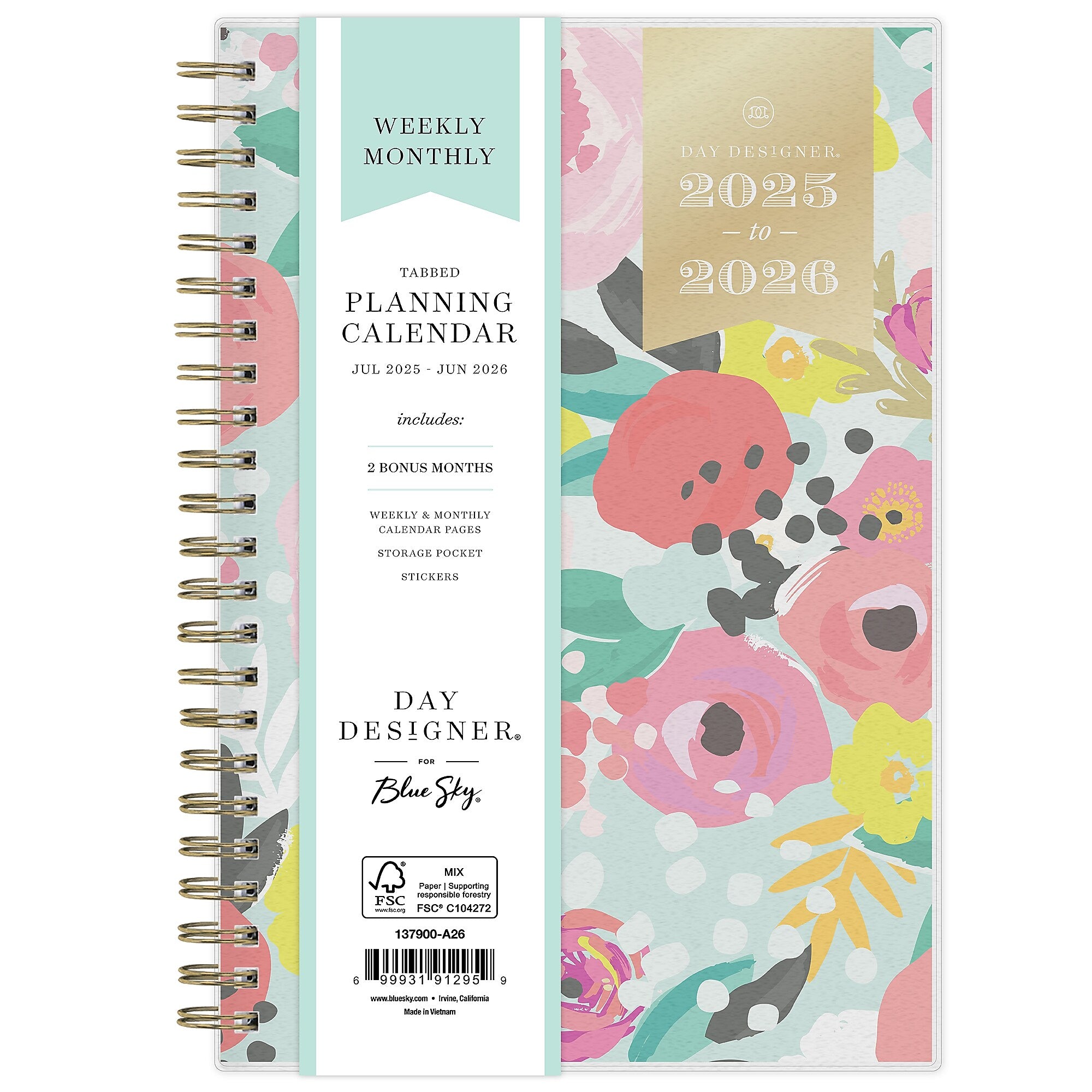 2025-2026 Day Designer for Blue Sky Secret Garden Mint 5" x 8" Academic Year Weekly & Monthly Planner, Plastic Cover