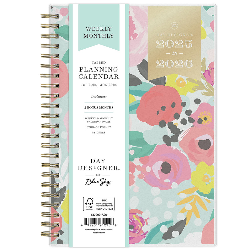 2025-2026 Day Designer for Blue Sky Secret Garden Mint 5" x 8" Academic Year Weekly & Monthly Planner, Plastic Cover