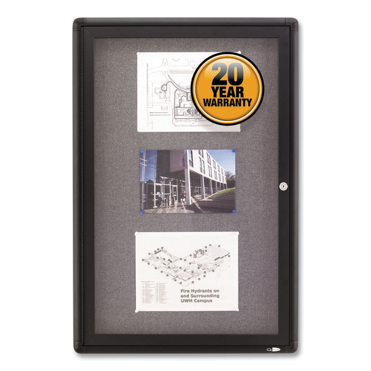 Enclosed Indoor Fabric Bulletin Board with One Hinged Door, 24" x 36", Gray Surface, Graphite Gray Aluminum Frame