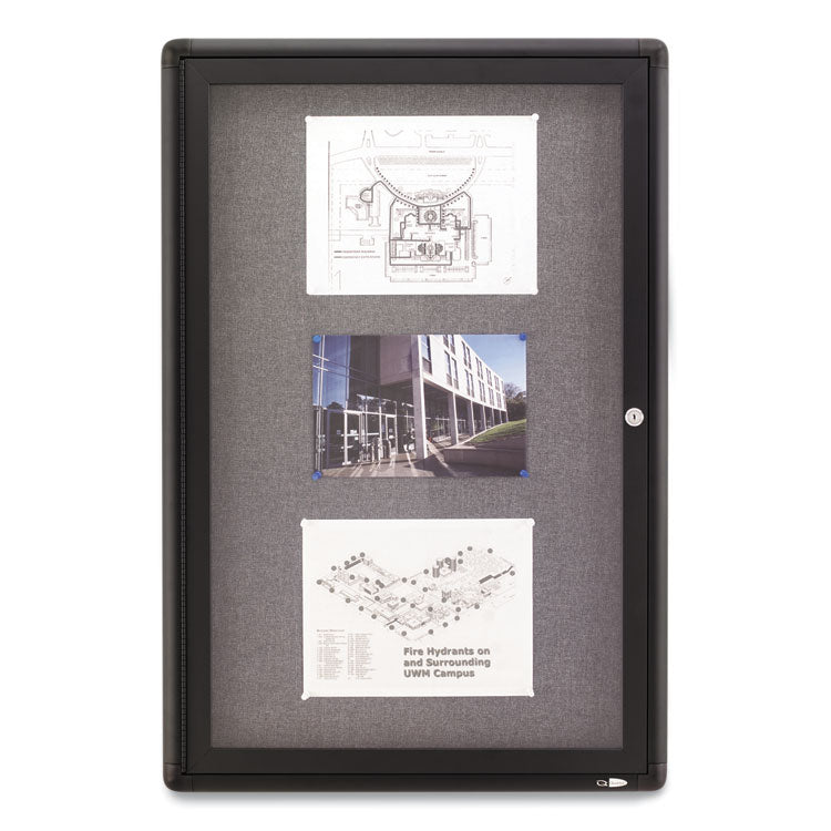 Enclosed Indoor Fabric Bulletin Board with One Hinged Door, 24" x 36", Gray Surface, Graphite Gray Aluminum Frame