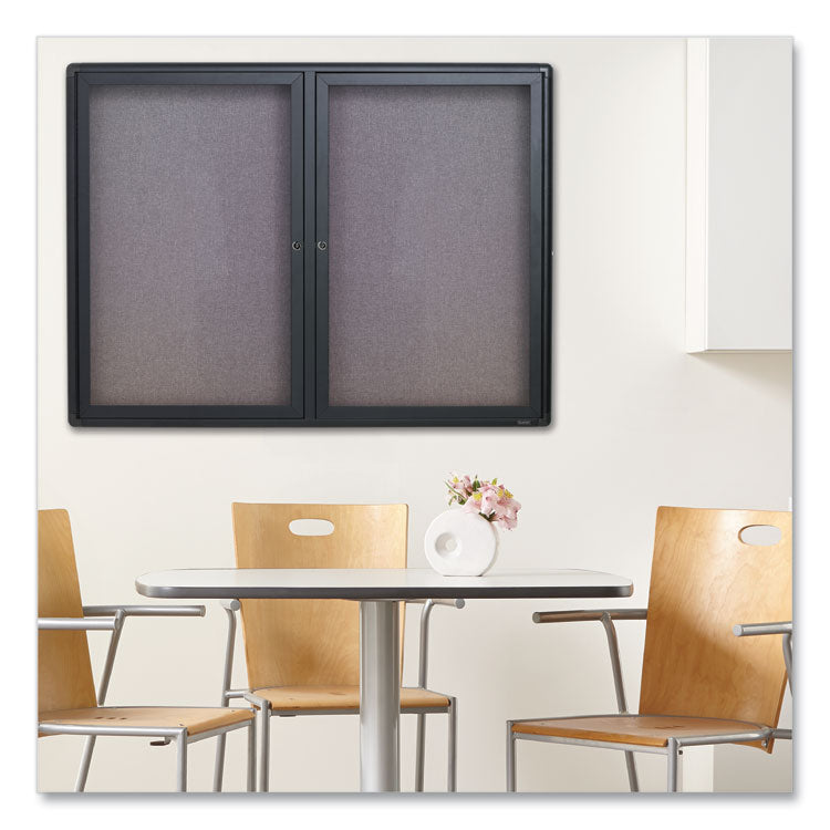 Enclosed Indoor Fabric Bulletin Board with Two Hinged Doors, 48" x 36", Gray Surface, Graphite Gray Aluminum Frame