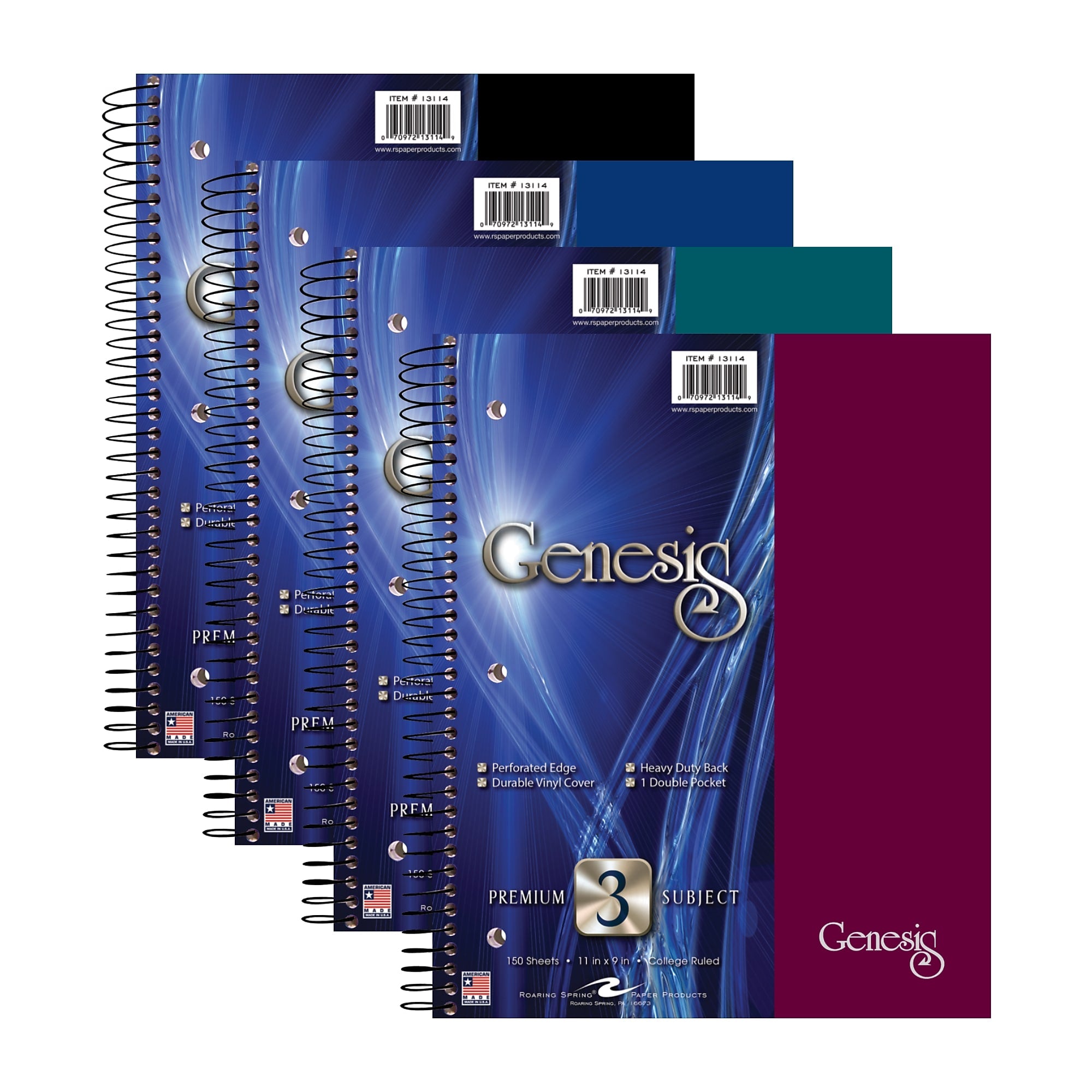 Roaring Spring Genesis 3-Subject Notebook, 9" x 11", College Ruled, 150 Sheets, Assorted Colors, 12 Books/Carton (13114CS)