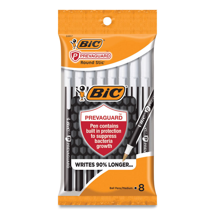 PrevaGuard Round Stic Ballpoint Pen, Stick, Medium 1 mm, Black Ink, Black Barrel, 8/Pack