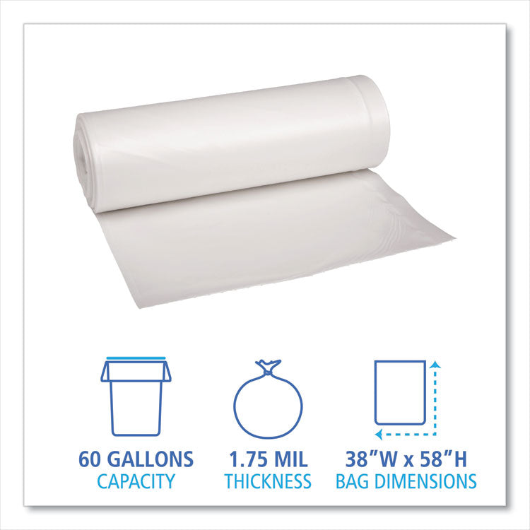 Recycled Low-Density Polyethylene Can Liners, 60 gal, 1.75 mil, 38" x 58", Clear, Perforated, 10 Bags/Roll, 10 Rolls/Carton