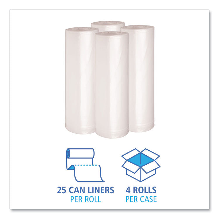 Recycled Low-Density Polyethylene Can Liners, 60 gal, 1.4 mil, 38" x 58", Clear, Perforated, 10 Bags/Roll, 10 Rolls/Carton
