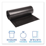 Recycled Low-Density Polyethylene Can Liners, 60 gal, 1.6 mil, 38" x 58", Black, Perforated, 10 Bags/Roll, 10 Rolls/Carton