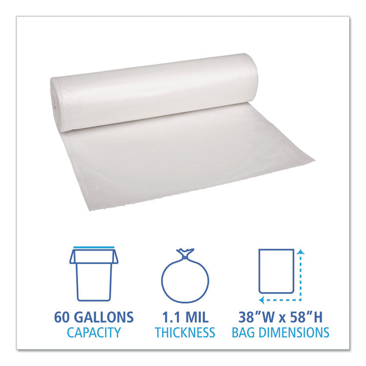 Recycled Low-Density Polyethylene Can Liners, 60 gal, 1.1 mil, 38" x 58", Clear, Perforated, 10 Bags/Roll, 10 Rolls/Carton