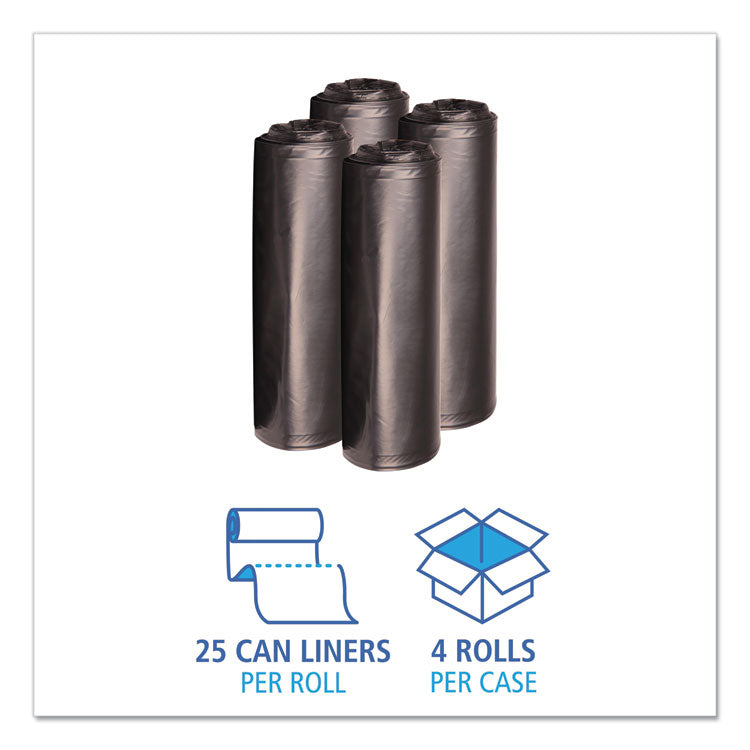 Recycled Low-Density Polyethylene Can Liners, 33 gal, 1.6 mil, 33" x 39", Black, Perforated, 10 Bags/Roll, 10 Rolls/Carton