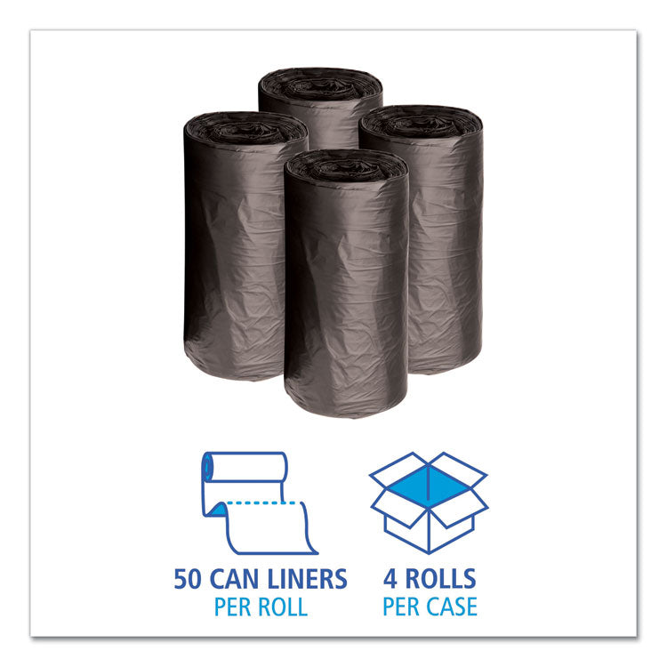 Low-Density Waste Can Liners, 10 gal, 0.35 mil, 24" x 23", Black, Perforated Roll, 50 Bags/Roll, 10 Rolls/Carton