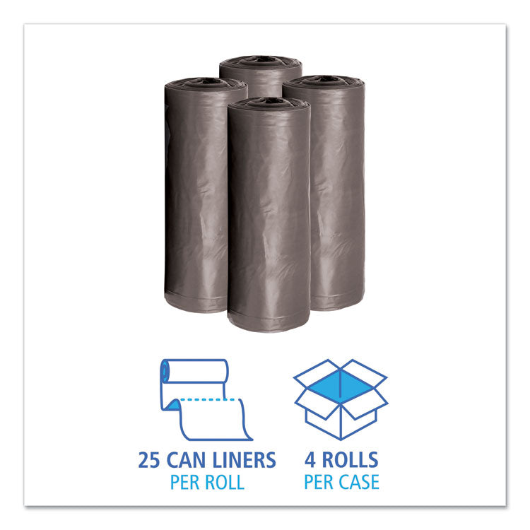 Low-Density Waste Can Liners, 30 gal, 0.95 mil, 30" x 36", Gray, Perforated Roll, 25 Bags/Roll, 4 Rolls/Carton