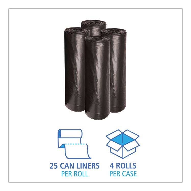 Low-Density Waste Can Liners, 45 gal, 0.6 mil, 40" x 46", Black, Perforated Roll, 25 Bags/Roll, 4 Rolls/Carton