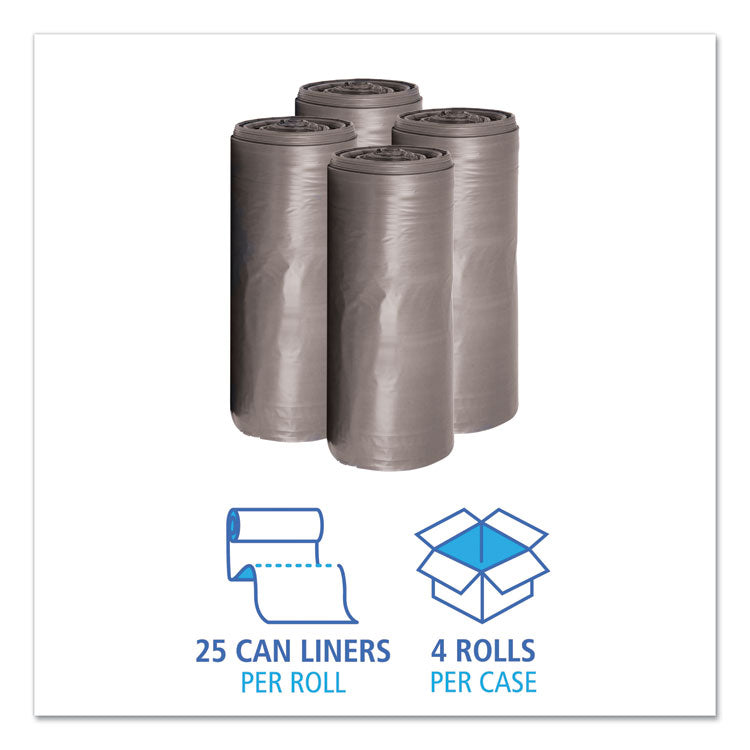 Low-Density Waste Can Liners, 33 gal, 1.1 mil, 33" x 39", Gray, Perforated Roll, 25 Bags/Roll, 4 Rolls/Carton