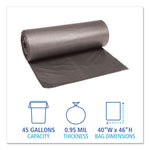 Low-Density Waste Can Liners, 45 gal, 0.95 mil, 40" x 46", Gray, Perforated Roll, 25 Bags/Roll, 4 Rolls/Carton