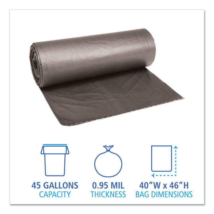 Low-Density Waste Can Liners, 45 gal, 0.95 mil, 40" x 46", Gray, Perforated Roll, 25 Bags/Roll, 4 Rolls/Carton