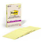 Post-it Recycled Super Sticky Notes, 4" x 6", Canary Collection, 45 Sheets/Pad, 4 Pads/Pack (4621R-4SSCY)