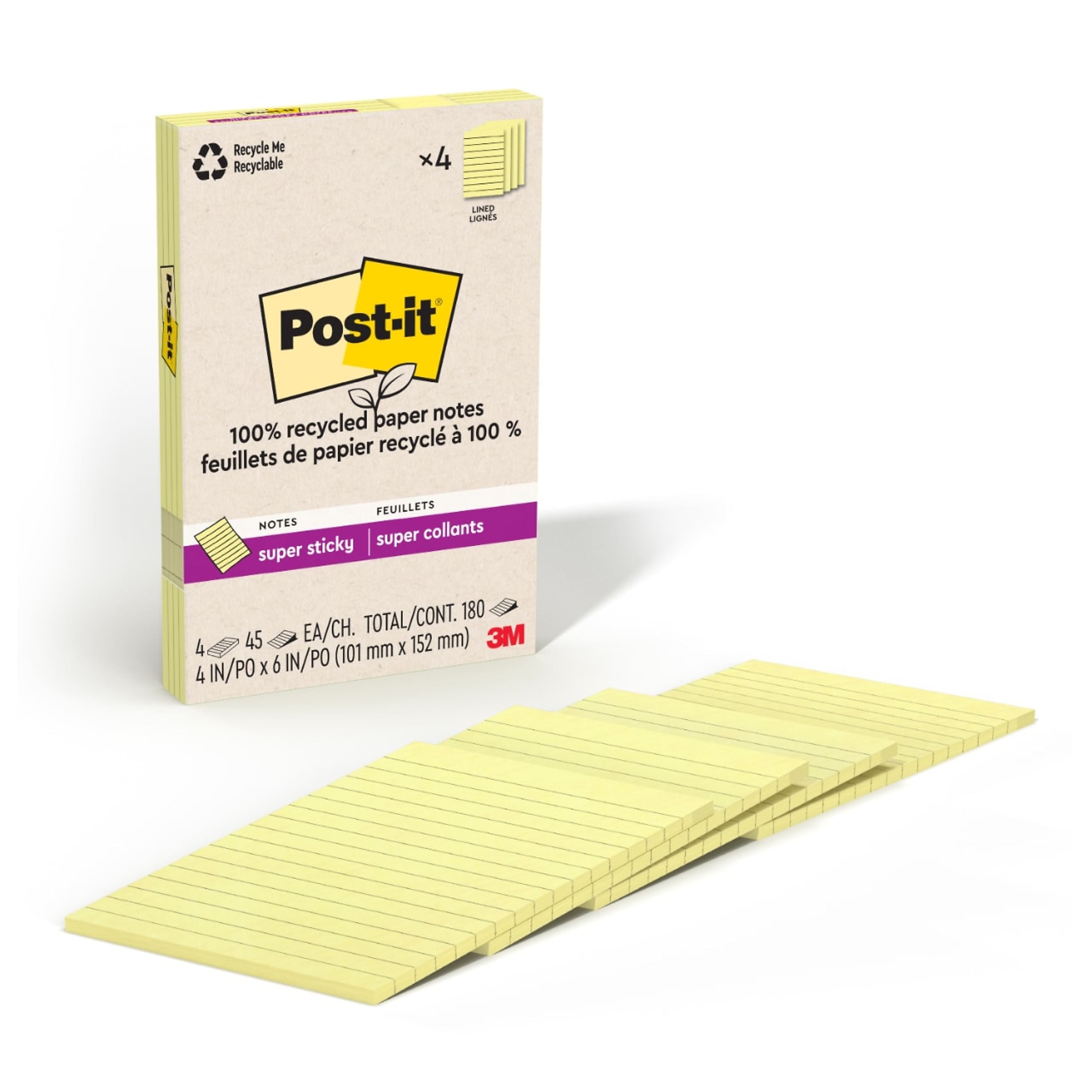 Post-it Recycled Super Sticky Notes, 4" x 6", Canary Collection, 45 Sheets/Pad, 4 Pads/Pack (4621R-4SSCY)