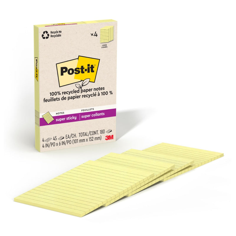 Post-it Recycled Super Sticky Notes, 4" x 6", Canary Collection, 45 Sheets/Pad, 4 Pads/Pack (4621R-4SSCY)