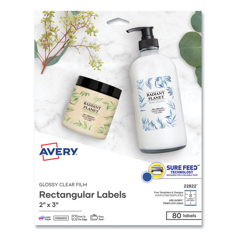 Print-To-The-Edge Labels With Sure Feed And Easy Peel, 2 X 3, Glossy Clear, 80/pack