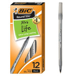 BIC Round Stic Xtra-Life Ballpoint Pen, Medium Point, 1.0mm, Black Ink, Dozen (GSM11BK)