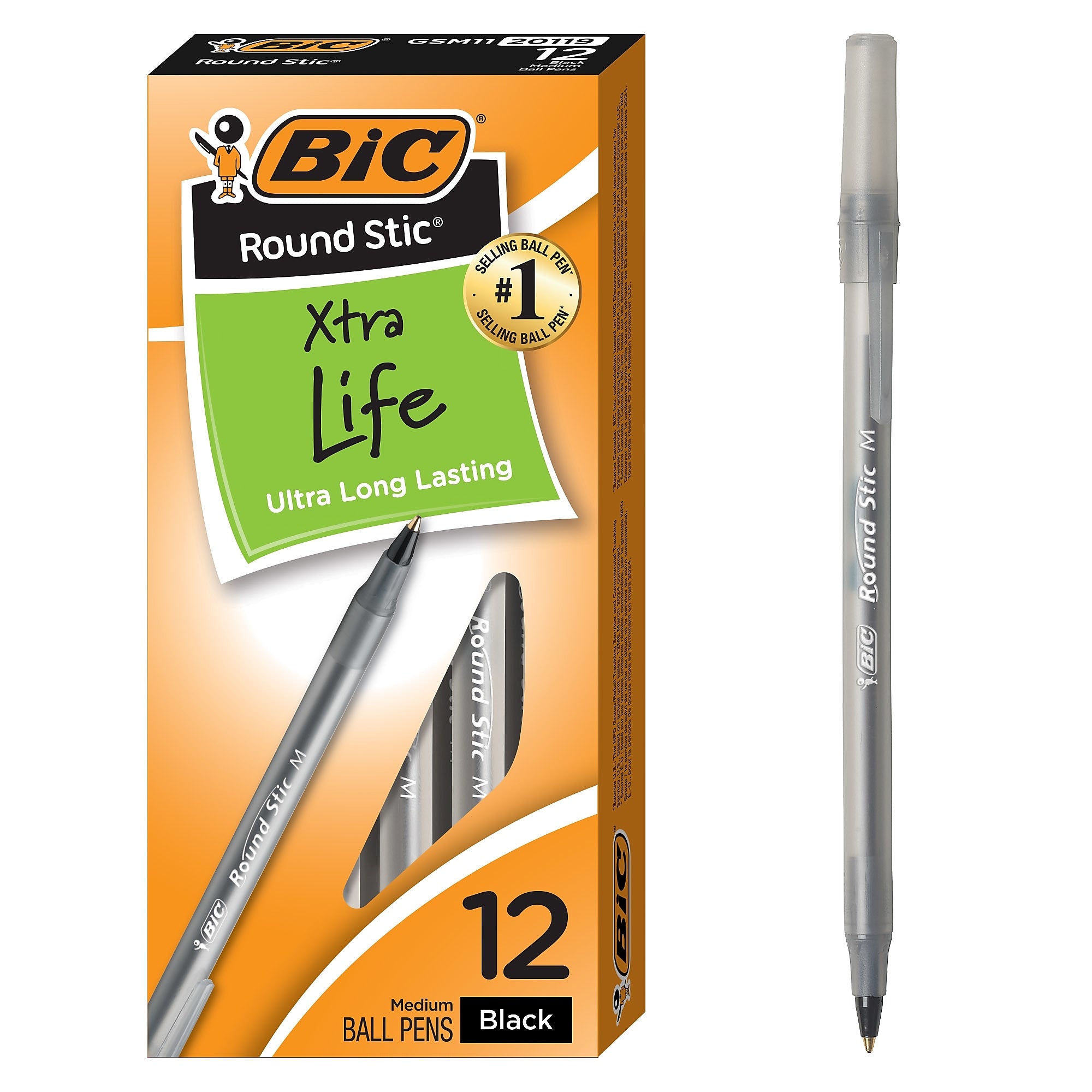 BIC Round Stic Xtra-Life Ballpoint Pen, Medium Point, 1.0mm, Black Ink, Dozen (GSM11BK)