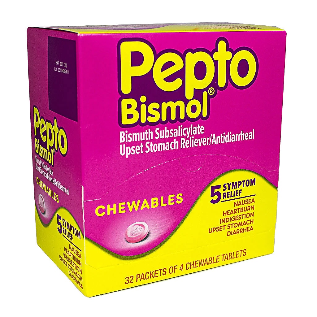 Pepto Bismol, 5 Symptom Relief Chewable Tablets, Original, 32 Counts (00201)