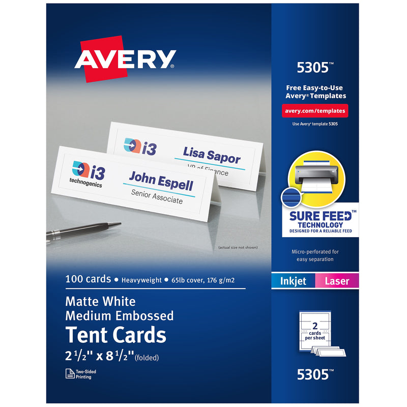 Avery Embossed Border 2.5" x 8.5" White Matte Table Tent, Inkjet/Laser, 100/Pack (05305)