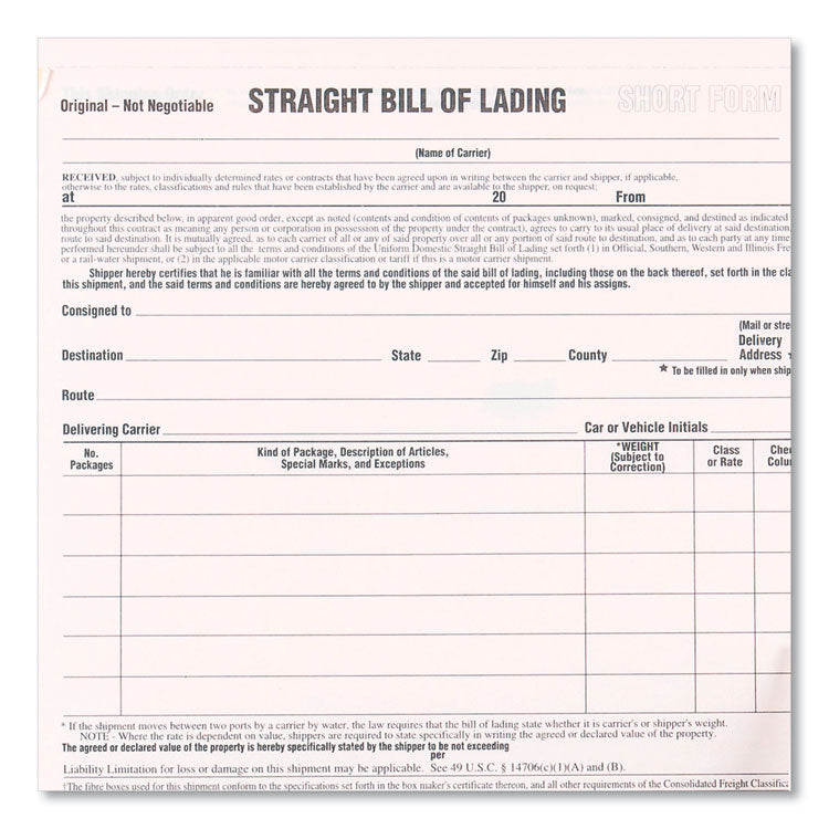 Snap-A-Way Bill of Lading, Short Form, Three-Part Carbonless, 7 x 8.5, 250 Forms Total