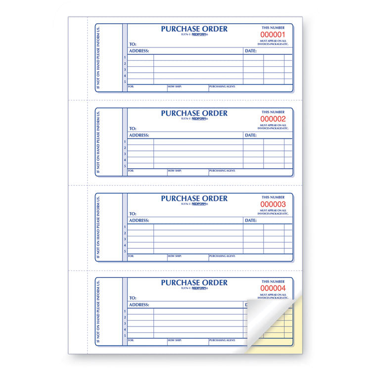 Purchase Order Book, 5 Lines, Two-Part Carbonless, 7 x 2.75, 4 Forms/Sheet, 400 Forms Total