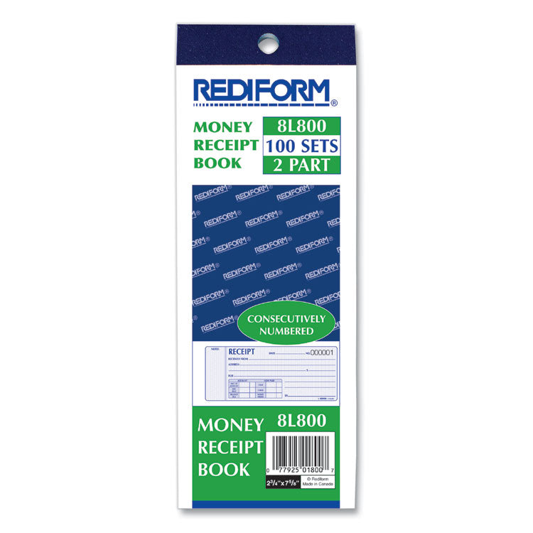 Receipt Book, Two-Part Carbonless, 7 x 2.75, 4 Forms/Sheet, 100 Forms Total