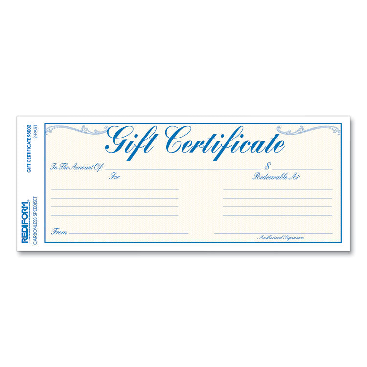 Gift Certificates With Envelopes, 8.5 X 3.67, Blue/gold With Blue Border, 25/pack