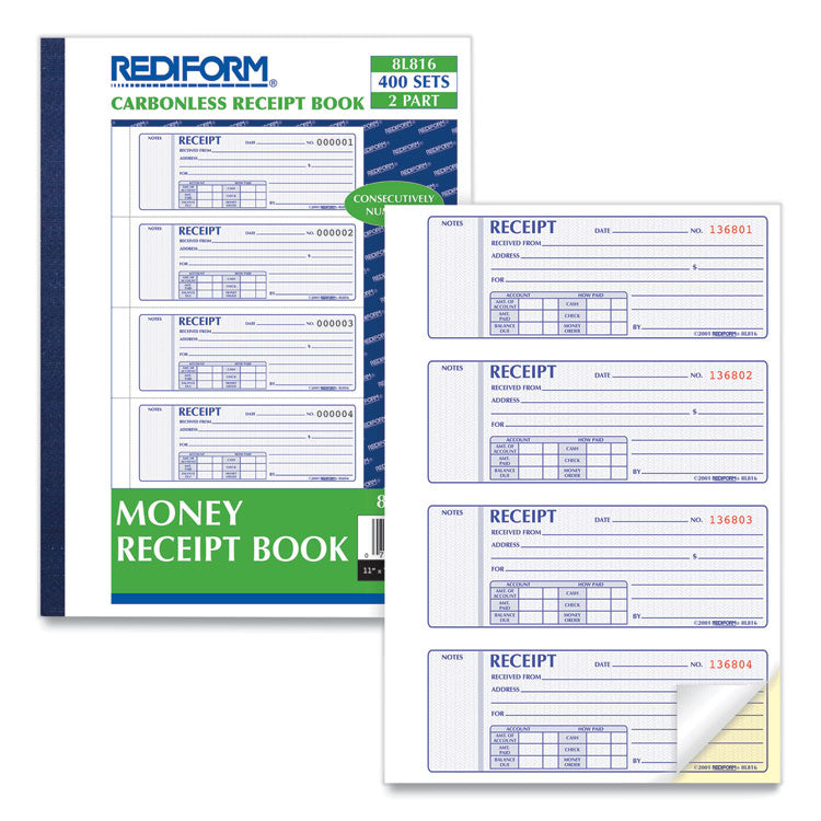Receipt Book, Two-Part Carbonless, 7 x 2.75, 4 Forms/Sheet, 400 Forms Total