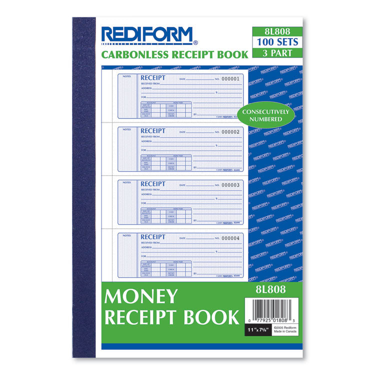 Money Receipt Book, Softcover, Three-Part Carbonless, 7 x 2.75, 4 Forms/Sheet, 100 Forms Total