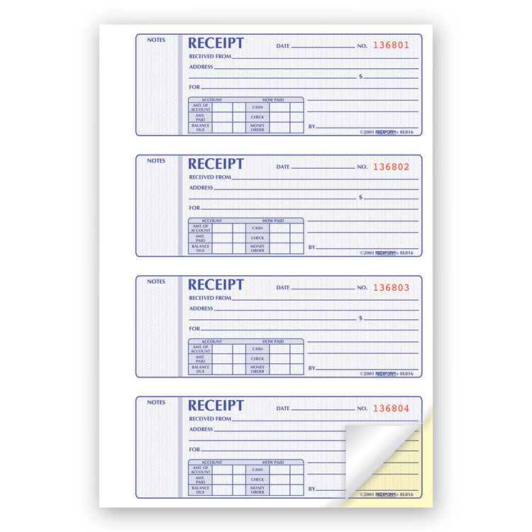 Receipt Book, Two-Part Carbonless, 7 x 2.75, 4 Forms/Sheet, 400 Forms Total