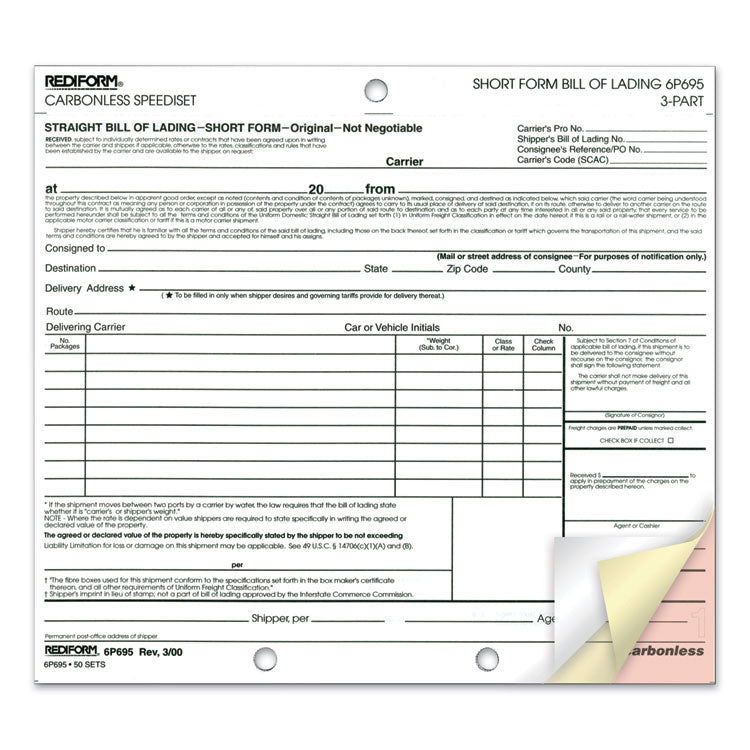 Speediset Bill of Lading, Short Form, Three-Part Carbonless, 7 x 8.5, 50 Forms Total