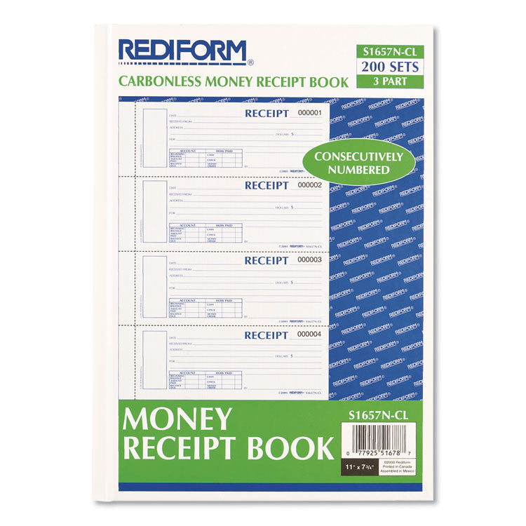 Durable Hardcover Numbered Money Receipt Book, Three-Part Carbonless, 6.88 x 2.75, 4 Forms/Sheet, 200 Forms Total