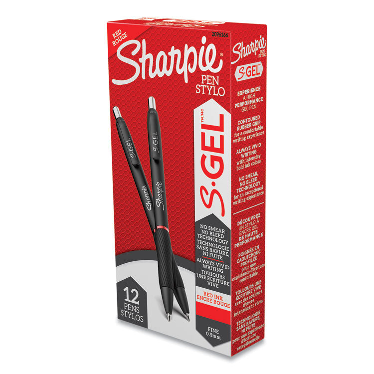 S-Gel High-Performance Gel Pen, Retractable, Fine 0.5 Mm, Red Ink, Black Barrel, Dozen