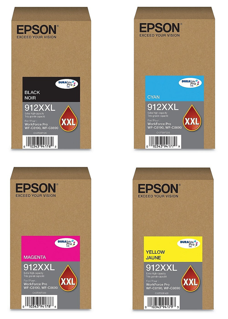 Epson T912XXL Black/Cyan/Magenta/Yellow Extra High Yield Ink Cartridges, 4/Pack