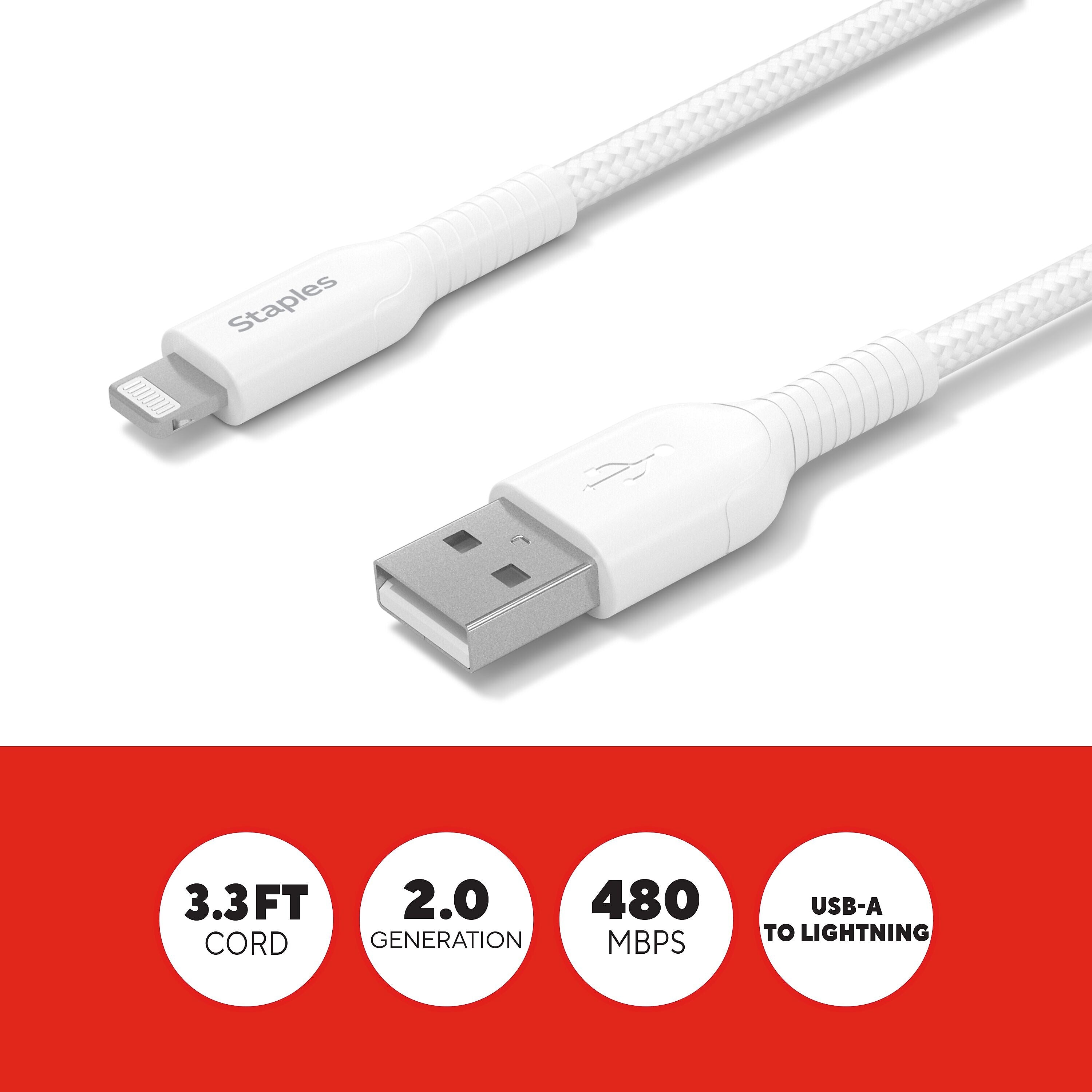 Staples TECH Lightning to USB-A Charging Cable, 3.3 ft., White (ST62329)