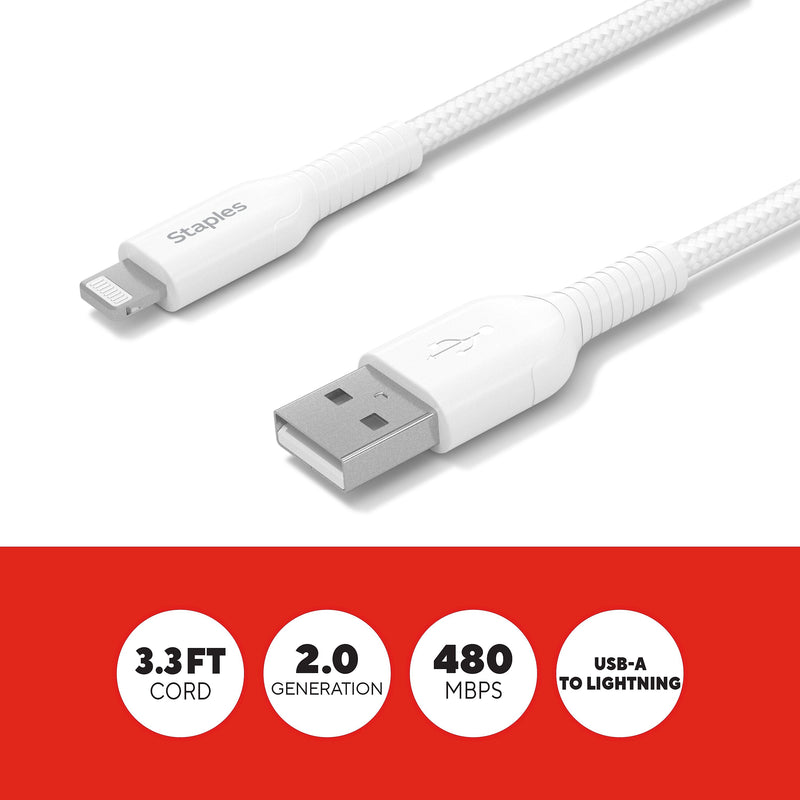 Staples TECH Lightning to USB-A Charging Cable, 3.3 ft., White (ST62329)