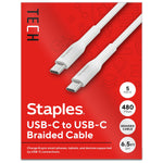 Staples TECH USB-C to USB-C Charging Cable, 6.5 ft., White, 5/Pack (ST62315)