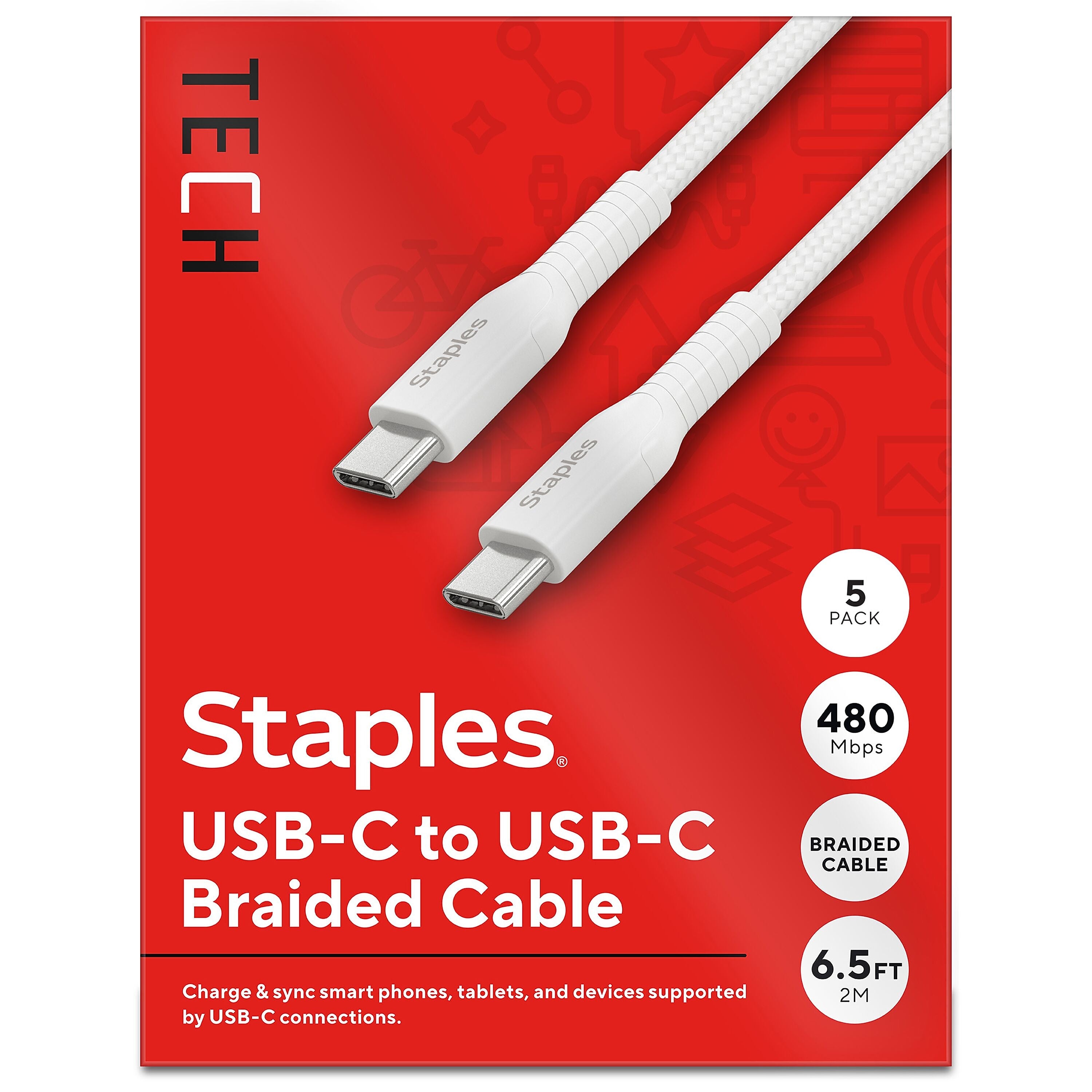 Staples TECH USB-C to USB-C Charging Cable, 6.5 ft., White, 5/Pack (ST62315)