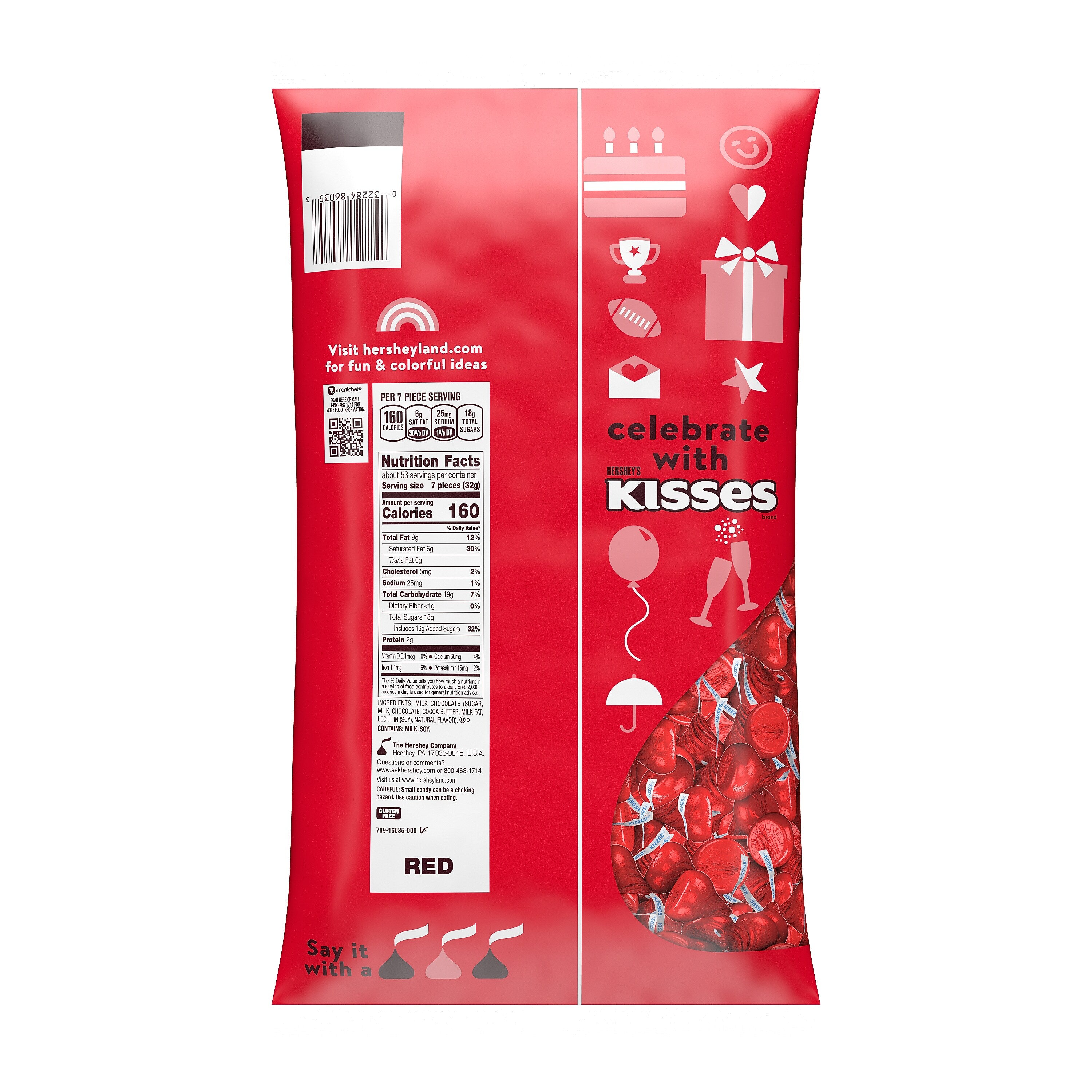 HERSHEY'S KISSES Milk Chocolate Candy Bulk Bag, Red Foils, 60 oz. (HEC16035)