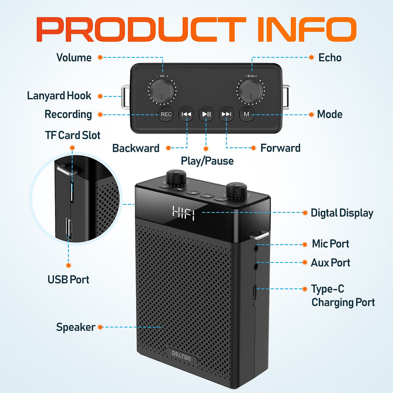 Delton A566 Bluetooth Voice Amplifier with Wireless Headset, Portable Amplifier with Microphone, Black (DVA566)