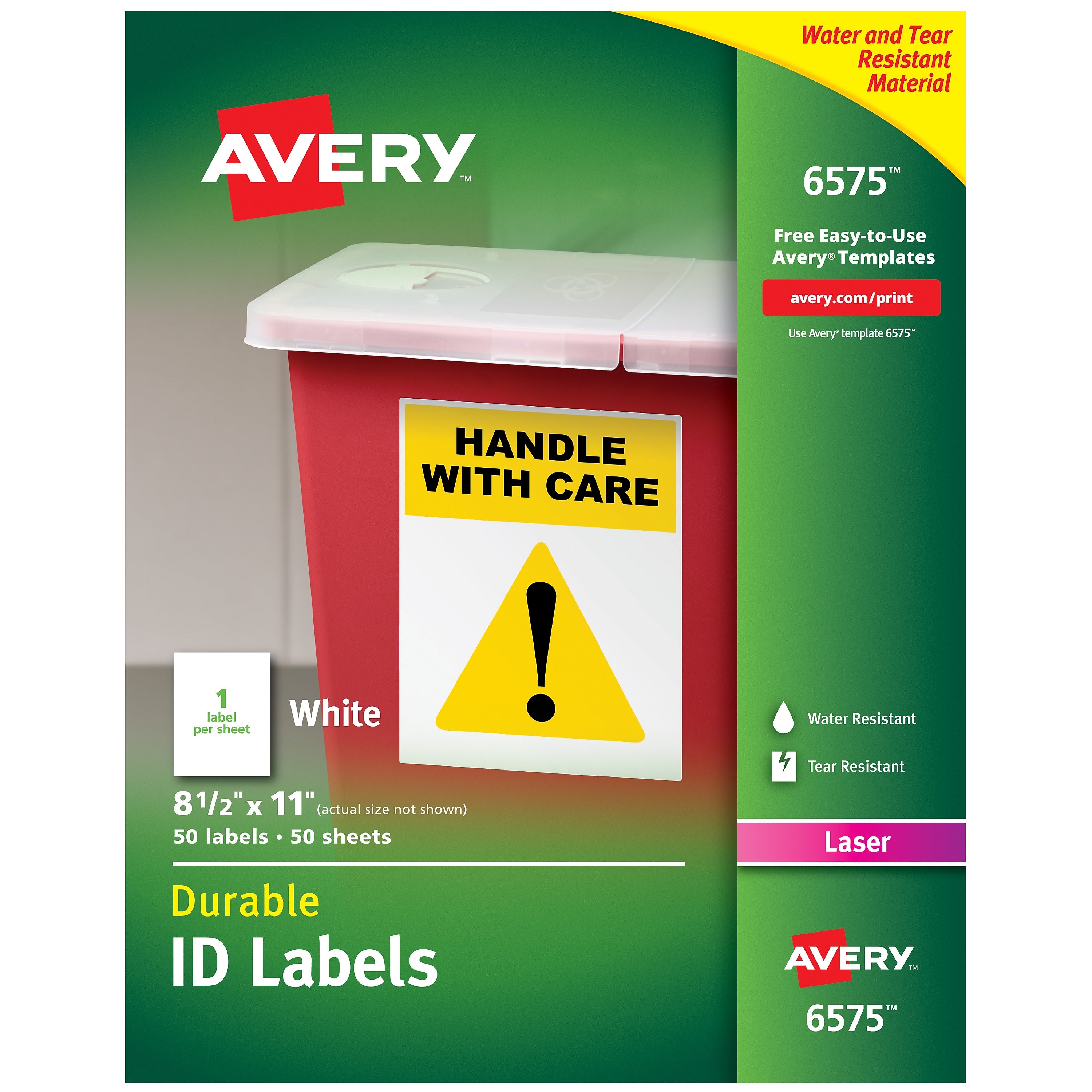 Avery TrueBlock Laser Durable ID Labels, 8-1/2" x 11", White, 50 Labels/Box (6575)