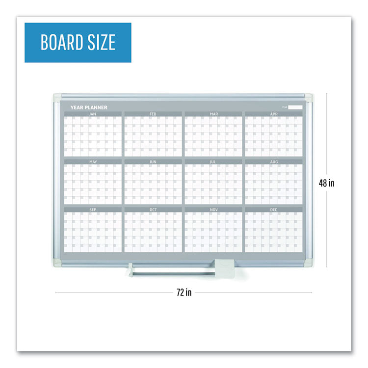 Magnetic Dry Erase Calendar Board, 12-Month Planning/Scheduling, 36" x 24", White Surface, Satin Aluminum Frame